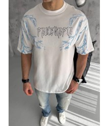 Unisex Bisiklet Yaka Baskılı Oversize T-Shirt - Beyaz