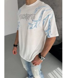 Unisex Bisiklet Yaka Baskılı Oversize T-Shirt - Beyaz
