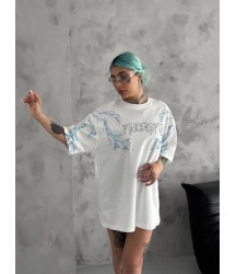 Unisex Bisiklet Yaka Baskılı Oversize T-Shirt - Beyaz