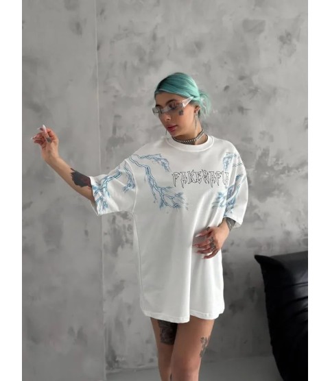 Unisex Bisiklet Yaka Baskılı Oversize T-Shirt - Beyaz