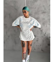 Unisex Bisiklet Yaka Baskılı Oversize T-Shirt - Beyaz