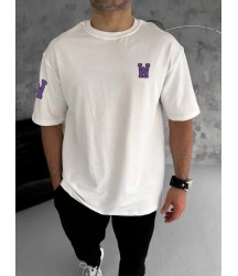 Unisex Bisiklet Yaka Baskılı Oversize T-Shirt - Beyaz