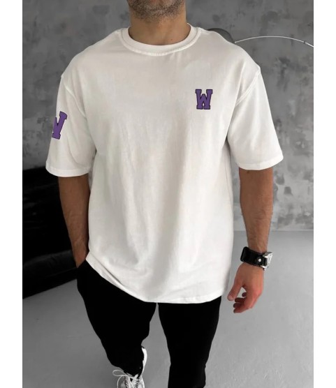 Unisex Bisiklet Yaka Baskılı Oversize T-Shirt - Beyaz