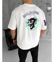 Unisex Bisiklet Yaka Baskılı Oversize T-Shirt - Beyaz
