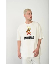 Unisex Bisiklet Yaka Baskılı Oversize T-Shirt - Beyaz