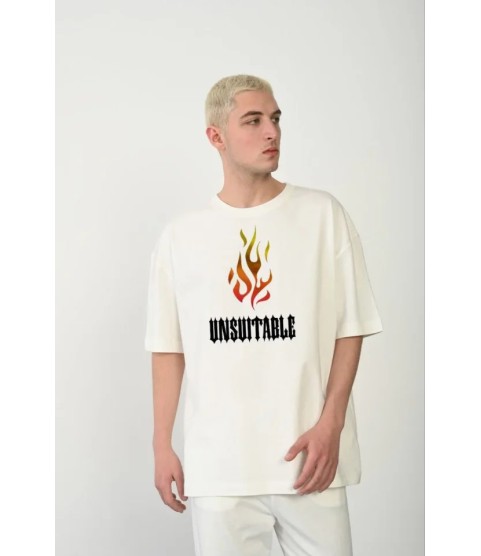 Unisex Bisiklet Yaka Baskılı Oversize T-Shirt - Beyaz