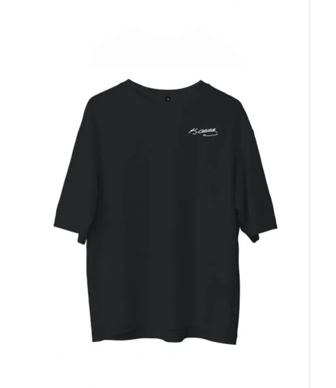 Unisex Bisiklet Yaka Baskılı Oversize T-Shirt - Siyah
