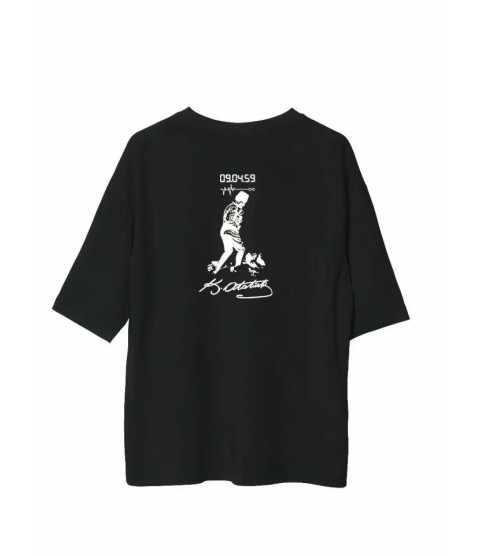 Unisex Bisiklet Yaka Baskılı Oversize T-Shirt - Siyah