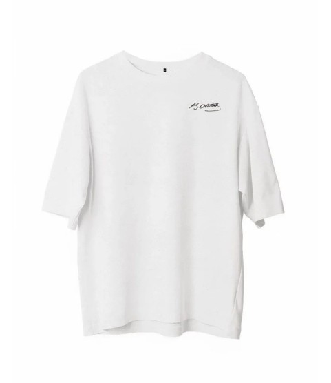 Unisex Bisiklet Yaka Baskılı Oversize T-Shirt - Beyaz