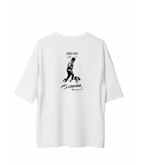 Unisex Bisiklet Yaka Baskılı Oversize T-Shirt - Beyaz