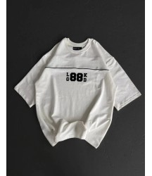 Unisex Bisiklet Yaka Baskılı Oversize T-Shirt - Beyaz
