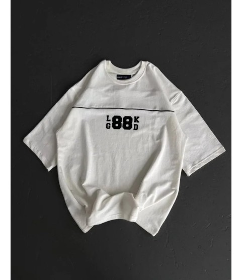 Unisex Bisiklet Yaka Baskılı Oversize T-Shirt - Beyaz