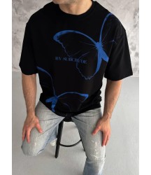Unisex Bisiklet Yaka Baskılı Oversize T-Shirt - Siyah