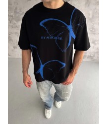 Unisex Bisiklet Yaka Baskılı Oversize T-Shirt - Siyah