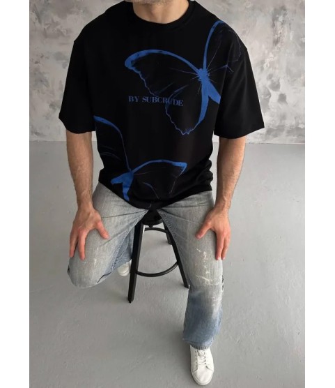 Unisex Bisiklet Yaka Baskılı Oversize T-Shirt - Siyah