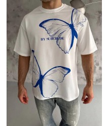 Unisex Bisiklet Yaka Baskılı Oversize T-Shirt - Beyaz