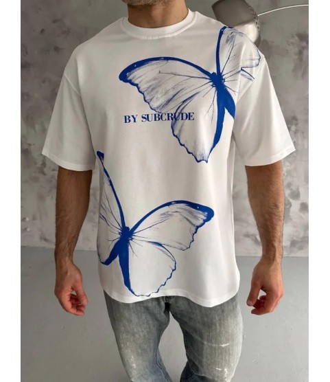 Unisex Bisiklet Yaka Baskılı Oversize T-Shirt - Beyaz