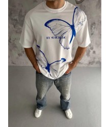 Unisex Bisiklet Yaka Baskılı Oversize T-Shirt - Beyaz