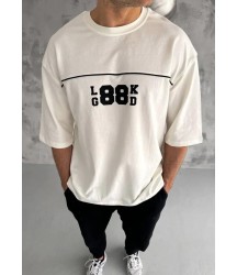 Unisex Bisiklet Yaka Baskılı Oversize T-Shirt - Beyaz