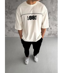 Unisex Bisiklet Yaka Baskılı Oversize T-Shirt - Beyaz