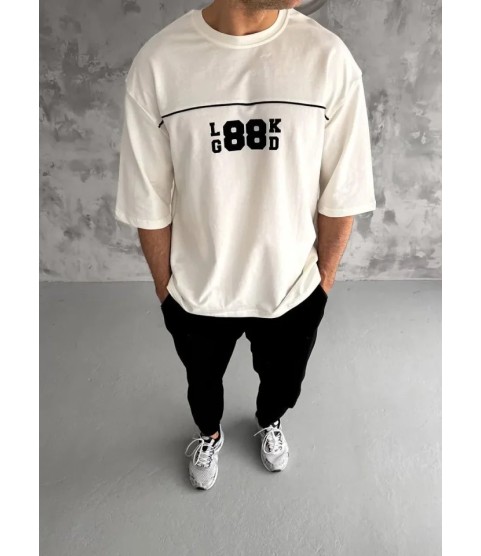 Unisex Bisiklet Yaka Baskılı Oversize T-Shirt - Beyaz