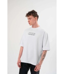 Unisex Bisiklet Yaka Baskılı Oversize T-Shirt - Beyaz