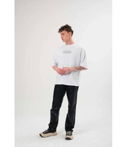 Unisex Bisiklet Yaka Baskılı Oversize T-Shirt - Beyaz