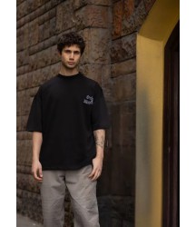 Unisex Bisiklet Yaka Baskılı Oversize T-Shirt - Siyah
