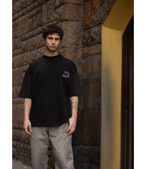 Unisex Bisiklet Yaka Baskılı Oversize T-Shirt - Siyah