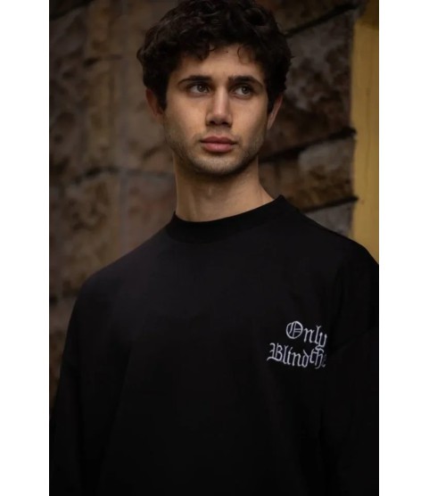 Unisex Bisiklet Yaka Baskılı Oversize T-Shirt - Siyah