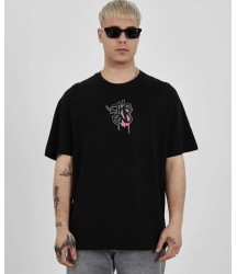 Unisex Bisiklet Yaka Baskılı Oversize T-Shirt - Siyah