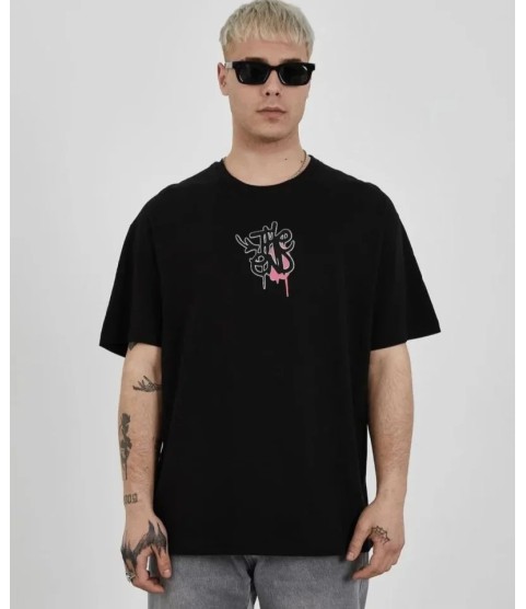 Unisex Bisiklet Yaka Baskılı Oversize T-Shirt - Siyah