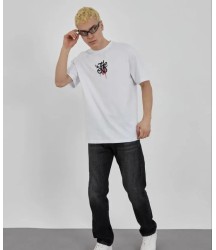 Unisex Bisiklet Yaka Baskılı Oversize T-Shirt - Beyaz