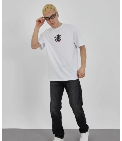 Unisex Bisiklet Yaka Baskılı Oversize T-Shirt - Beyaz