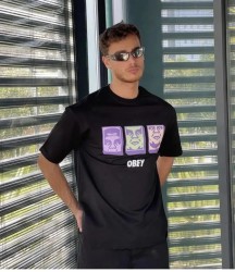 Unisex Bisiklet Yaka Baskılı Oversize T-Shirt - Siyah