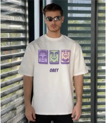 Unisex Bisiklet Yaka Baskılı Oversize T-Shirt - Beyaz
