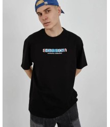 Unisex Bisiklet Yaka Baskılı Oversize T-Shirt - Siyah