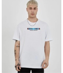 Unisex Bisiklet Yaka Baskılı Oversize T-Shirt - Beyaz