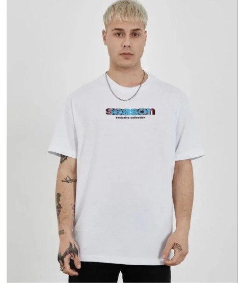Unisex Bisiklet Yaka Baskılı Oversize T-Shirt - Beyaz