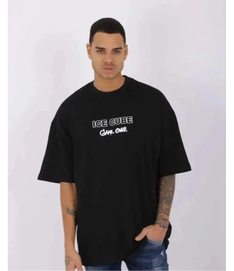 Unisex Bisiklet Yaka Baskılı Oversize T-Shirt - Siyah