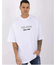 Unisex Bisiklet Yaka Baskılı Oversize T-Shirt - Beyaz