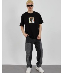 Unisex Bisiklet Yaka Baskılı Oversize T-Shirt - Siyah