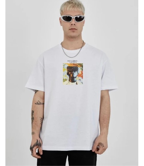 Unisex Bisiklet Yaka Baskılı Oversize T-Shirt - Beyaz