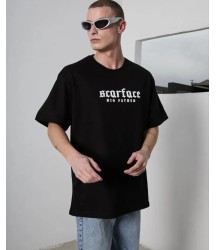 Unisex Bisiklet Yaka Baskılı Oversize T-Shirt - Siyah