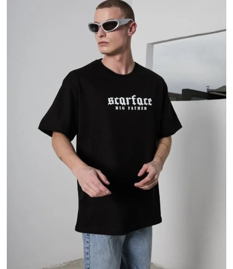 Unisex Bisiklet Yaka Baskılı Oversize T-Shirt - Siyah