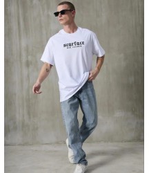 Unisex Bisiklet Yaka Baskılı Oversize T-Shirt - Beyaz