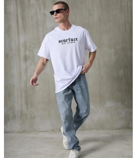 Unisex Bisiklet Yaka Baskılı Oversize T-Shirt - Beyaz