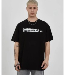 Unisex Bisiklet Yaka Baskılı Oversize T-Shirt - Siyah