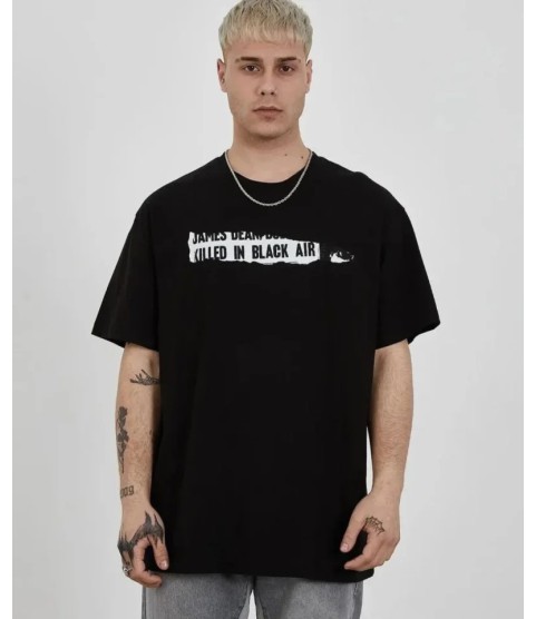 Unisex Bisiklet Yaka Baskılı Oversize T-Shirt - Siyah