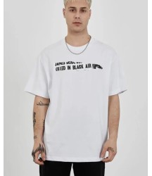 Unisex Bisiklet Yaka Baskılı Oversize T-Shirt - Beyaz